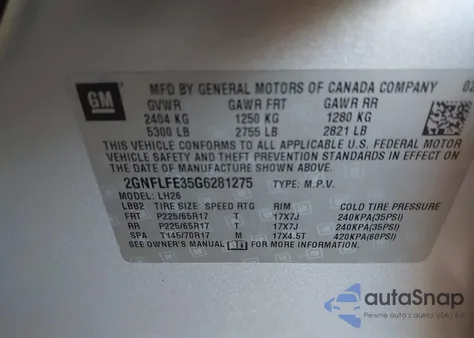 2016 Chevrolet Equinox Lt из США, поврежденный, VIN 2GNFLFE35G6281275